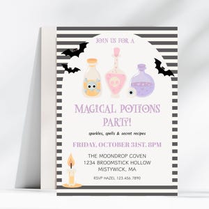 May include: A Halloween party invitation with a black and white striped border. The invitation features illustrations of potion bottles, bats, and a candle. Text includes "Magical Potions Party!" and event details.