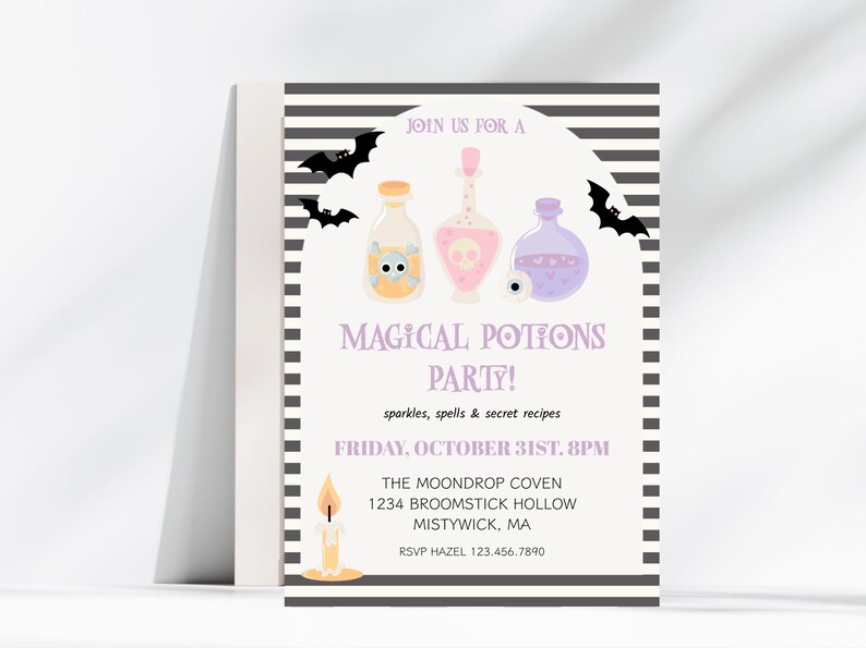 May include: A Halloween party invitation with a black and white striped border. The invitation features illustrations of potion bottles, bats, and a candle. Text includes "Magical Potions Party!" and event details.