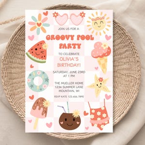 Birthday Pool Party Invite, Summer Birthday Party Invite, Groovy Pool Party Birthday, Girl Birthday Invite, Swim Party, Summer Birthday Fun
