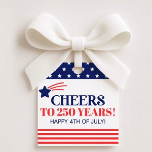 May include: A white gift tag with a blue and white star design and the text "CHEERS TO 250 YEARS! HAPPY 4TH OF JULY!" is attached to a white bow. The tag has a red and white striped bottom and a blue star with red streaks.