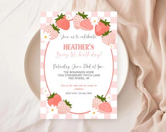 Berry First Birthday Invitation, Strawberry 1st Birthday Invite, Editable First Birthday Girl Invite, Berry Sweet Birthday Party Invitation