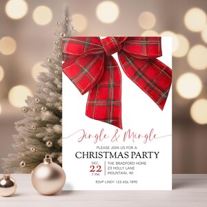 Jingle & Mingle-inbjudan till jul, inbjudan till julfest med rutig rosett, rött grönt akvarellband, rött tartan-rutigt band till julfest