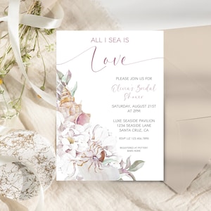 All I Sea Is Love Bridal Shower Invitation, Editable Ocean Wedding Shower Invite, Printable Seashells & Floral Bridal, Seaside Beach Bridal