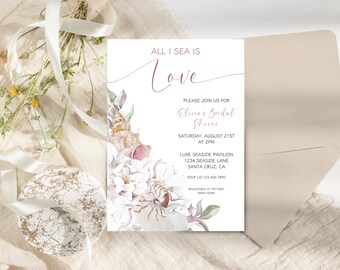 Seashell Bridal Shower Invitation: Beach Floral Invite (Editable Template)