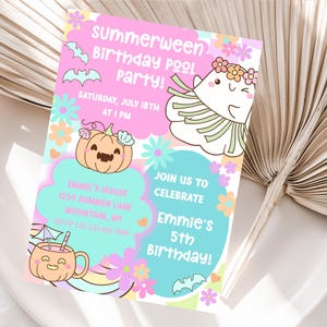 Summer birthday invitation featuring cute ghosts, pumpkins, flowers, and bats in retro pastel colors