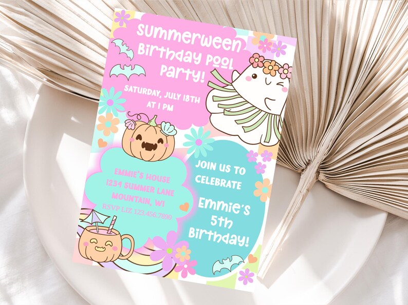 Summer birthday invitation featuring cute ghosts, pumpkins, flowers, and bats in retro pastel colors