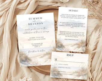 Beach Wedding Invitation Set, Coastal Wedding Invite, Ocean Wedding Invitation Set, Editable Destination Wedding,  Summer Wedding Invite