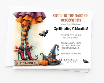 Kids Halloween Witch Party Invitation, Spellbinding Celebration (Digital Download)