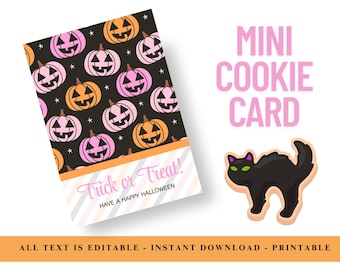Mini tarjeta imprimible para galletas de Halloween, empaque para galletas de calabaza, etiqueta para galletas de dulce o truco, tarjeta editable para galletas de azúcar con dulce de calabaza