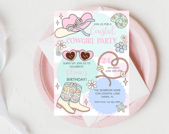 Coastal Cowgirl Birthday Invitation, Surf's Up Cowgirl Editable Template, Cowgirl Beach Party Invite, Pink Coastal Western Rodeo Party