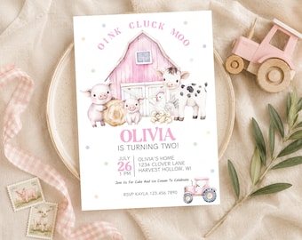 May include: A rectangular invitation card featuring a watercolor illustration of a pink barn, two pigs, a cow, and chicks. The text reads OINK CLUCK MOO, OLIVIA IS TURNING TWO, JULY 26 1 PM, OLIVIA'S HOME 1234 CLOVER LANE HARVEST HOLLOW, WI, and RSVP KAYLA 123.456.7890.