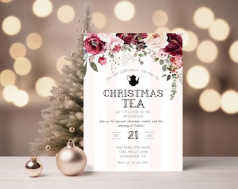 May include: A Christmas tea party invitation with a floral design in shades of burgundy and pink. The invitation features a teapot icon and the text "Christmas Tea" in a bold font. The date of the party is listed as Saturday, December 21st. The invitation also includes the address and RSVP information.