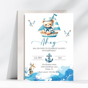 Sailor Bear Birthday Party Invitation, Nautical Boys Birthday Invite, Sail On Over Party Invite, Whimsical Sailor Bear Birthday Party Invite