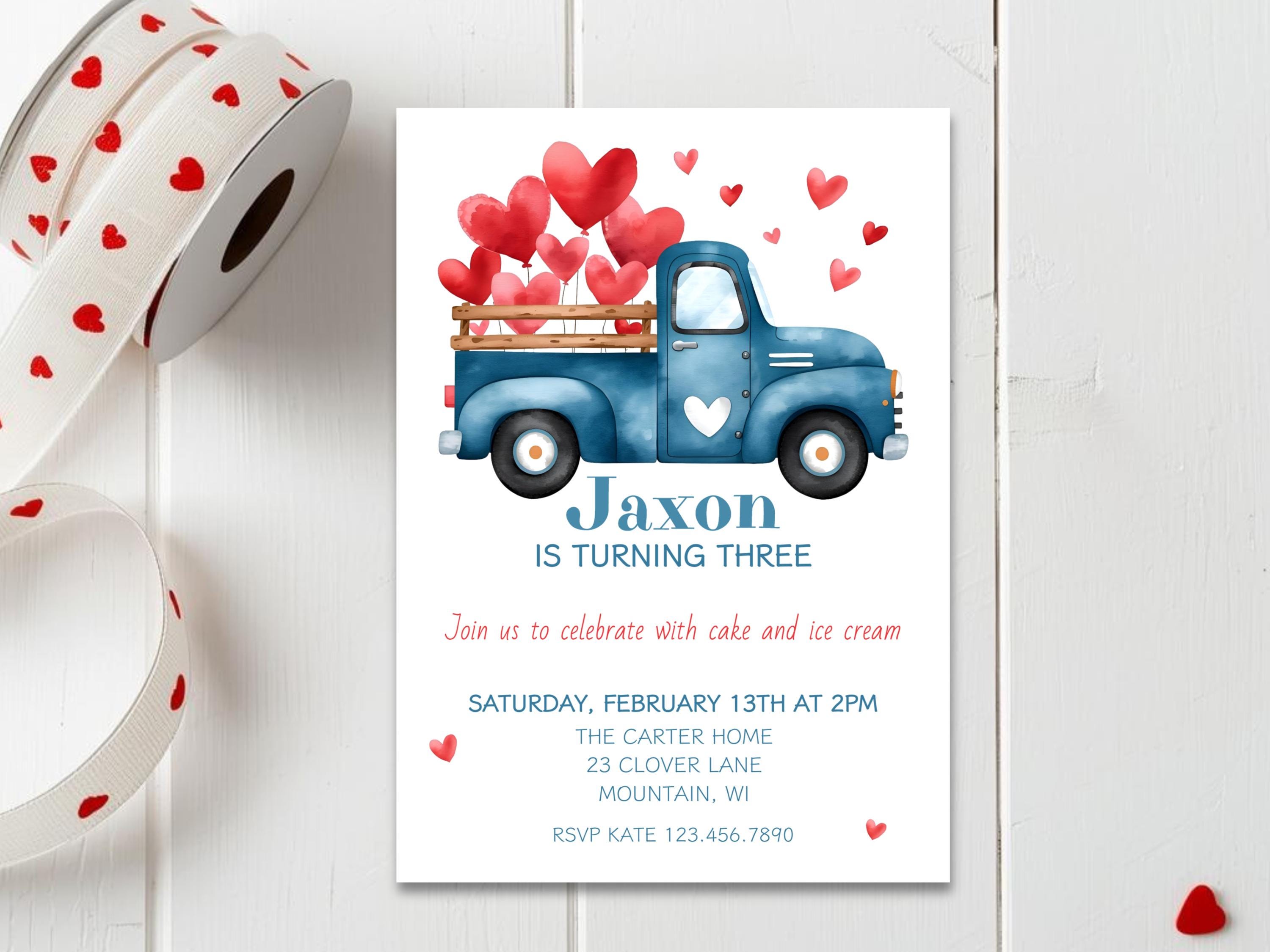 February Invite Valentine's Birthday Party Invitation, Boy Vintage Truck Invite Any Age ...