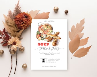 Soup Potluck Party Invite, Fall Soup Gathering, Printable Soup Potluck Invite, Family And Friends Soup Dinner, Autumn Soup Party Invitation