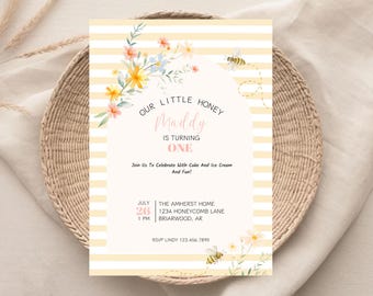 Bee First Birthday Invitation: Honeycomb Party, Editable Template (Digital Download