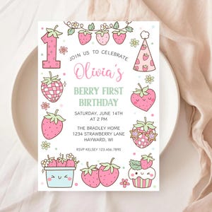 Berry First Birthday Invite, Strawberry Themed Party Invite, 1st Birthday Invitation, Cute Kawaii Strawberries, Summer Girl Birthday Party