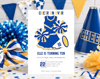 May include: A white birthday invitation card featuring a blue and yellow cheerleading uniform, two pom-poms, and a megaphone with the number 10. Text reads: CHEER ON OVER, ELLE IS TURNING TEN, Join us for laughs, cheers and birthday fun!, SEPT 22, 2 PM, THE HAMILTON HOME, 2468 CHEER LANE, SPIRIT LAKE, ID, RSVP LINLEY 123.456.7890.