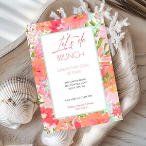 May include: A floral-patterned invitation card with the text "Let's do Brunch" in pink lettering. The invitation details a brunch event on Sunday, May 24th at 9 AM at The Carter Home, 1234 Pancake Lane, Mountain, WI. RSVP information is included with the text "RSVP Rebecca 1234567890". The invitation concludes with the text "Was mimosas & friends. Don't miss it!"