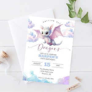 Girly Dragon-Geburtstags-Party Einladung, druckbare rosa Drachen Geburtstag einladen, bearbeitbare Drache einladen, Mädchen-Drache-Party-Einladung