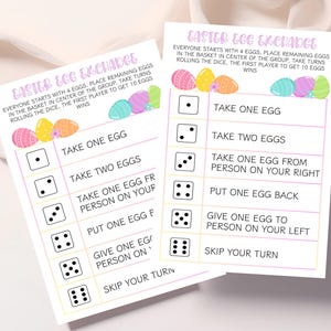 Jogo de troca de ovos de Páscoa, atividade de caça aos ovos de Páscoa, jogo de família de Páscoa, jogo de dados de ovos de Páscoa para crianças, jogo de festa de Páscoa, jogo para imprimir e jogar