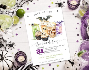 May include: A Halloween party invitation card featuring watercolor illustrations of cocktails, cupcakes, and a skull mug. The text reads JOIN US FOR, Boos and Booze, OCTOBER 31, 8 PM, THE HAUNTED HOUSE ON THE HILL, 1234 MACABRE LANE, KILL, DEVIL HILLS, NC.