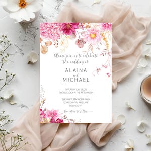 Pink Floral Wedding Invitation Suite, Editable Chrysanthemum 3-Piece Wedding Set, Printable Garden Wedding Invite, Classic Summer Wedding