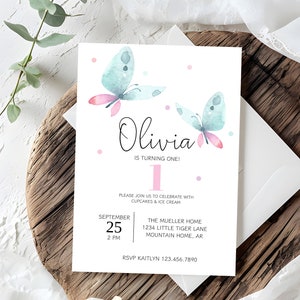 Butterfly First Birthday Invitation, Birthday Party Invite, 1st. Birthday Girl Invite, Butterfly Birthday Celebration, Pastel Butterflies