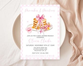 Pancakes & Pacifiers Baby Shower Invite, Pink Gingham Baby Brunch Invitation, Girl Baby Pampers Shower, Bows Brunch Sprinkle Breakfast Party