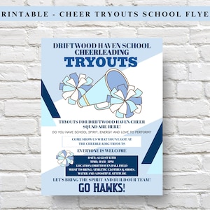 Op de afbeelding: Een lichtblauwe en witte flyer voor cheerleading try-outs. De flyer bevat de tekst "Driftwood Haven School Cheerleading Tryouts" met een megafoon- en pomponafbeelding. De flyer bevat ook de tekst "Go Hawks!"