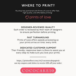 May include: A promotional graphic with the text "WHERE TO PRINT?" and information about Prints of Love, including "Designer-Reviewed Quality" and "Fast Turnaround." A coupon code "COCOCAKE10" is also displayed.