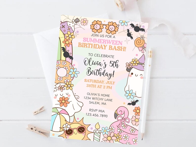 Fun and colorful Summerween birthday template with potion bottle and sun.. a mix of halloween and summer fun. in pinks, lavender, aqua, yellow