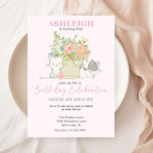 Kitten Birthday Party Invitation, Printable Kitty Cat Party Invitation, Editable Little Girl Birthday, Cute Cat Party Invite, Pink Invite