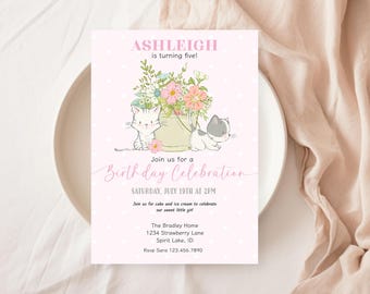 Kitten Birthday Party Invitation, Printable Kitty Cat Party Invitation, Editable Little Girl Birthday, Cute Cat Party Invite, Pink Invite