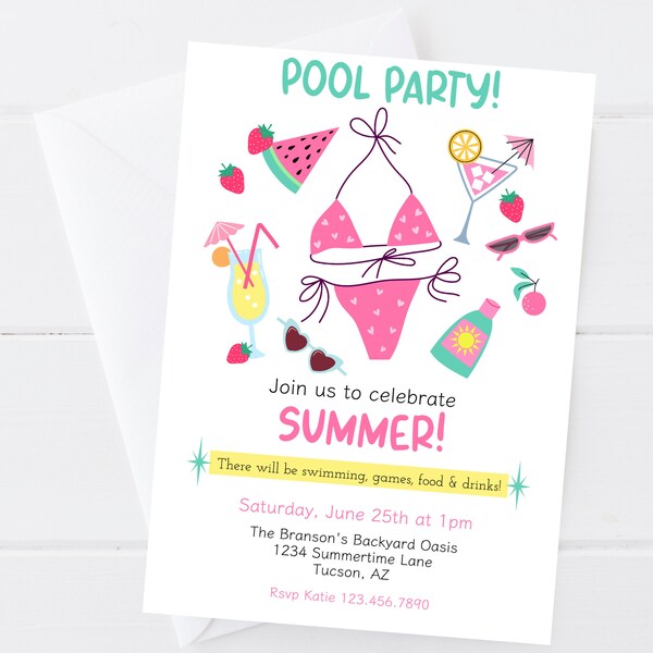 Pool Party Invitation, Editable Celebrate Summer Pool Party, Summer Cocktail Party Invite, Editable Summer Pool Party Invitation, BBQ Party