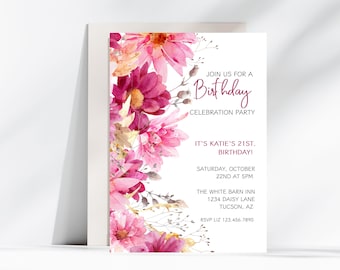 Pink Wildflower Birthday Invitation: Editable Template (5x7 Size)