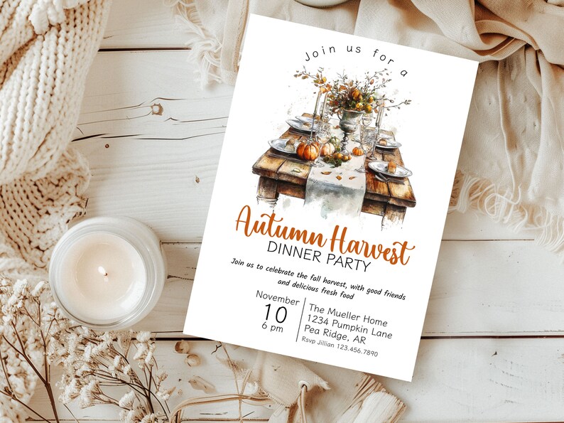 Autumn harvest dinner party invitation, with rustic table and pumpkins, and flowers
