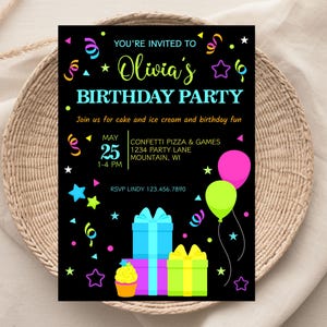 Neon Birthday Party Invite, Glow Party Invite, Girl Boy Neon Party Invite, Neon Confetti Birthday Party, Let&#39;s Glow Crazy Party, Neon Lights