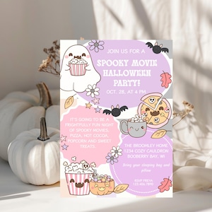 Groovy Halloween Movie Night Invite, Editable Kids Spooky Party Invitation, Ghost PJ Party, Popcorn Pizza Cocoa Night, Kids Halloween Party