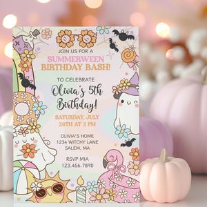 Editable kids Halloween pool party invite with pink and purple ghosts