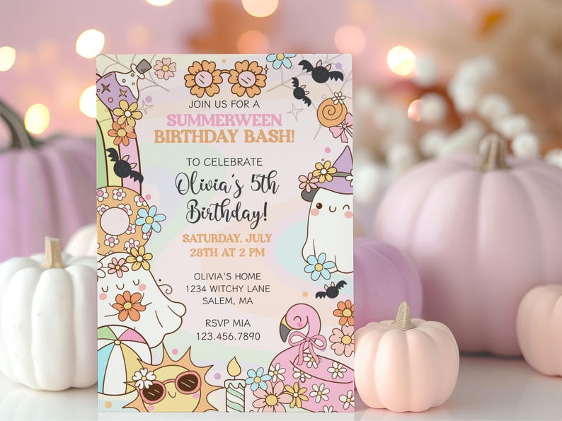 Editable kids Halloween pool party invite with pink and purple ghosts