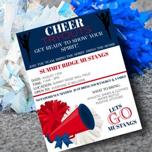Cheer Tryouts Flyer, Red & White Cheer Flyer, Pom Pom Cheer Flyer, Join the Cheer Squad, Cheer Team Tryouts Flyer, Editable Side Line Cheer