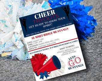 Cheer Tryouts Flyer, Red & White Cheer Flyer, Pom Pom Cheer Flyer, Join the Cheer Squad, Cheer Team Tryouts Flyer, Editable Side Line Cheer