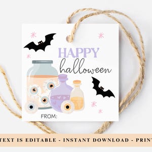May include: A white Halloween gift tag with the words "HAPPY Halloween" in purple script. The tag features illustrations of jars with eyeballs, potion bottles, bats, and small pink stars. A natural twine loop is at the top.