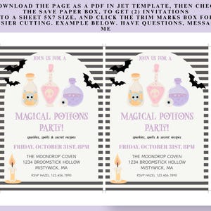 May include: Halloween party invitation with a light purple background. The invitation features the text "Magical Potions Party!" with illustrations of potion bottles, bats, and candles. The event details are included.