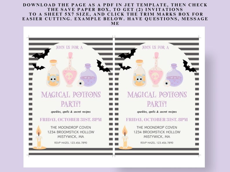 May include: Halloween party invitation with a light purple background. The invitation features the text "Magical Potions Party!" with illustrations of potion bottles, bats, and candles. The event details are included.
