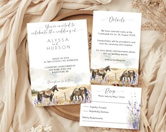 Rustic Country Farm Wedding Invitation Set, Countryside Barn Wedding, Country Horses In Farm Field Invitation, Homestead Wedding Invite