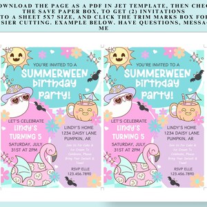 May include: Summerween birthday party invitations with a whimsical design. The invitations feature a ghost wearing sunglasses and a hat, a flamingo float, and the text "Summerween birthday party!" and "Lindy's turning 5".