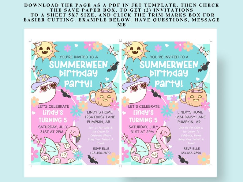 May include: Summerween birthday party invitations with a whimsical design. The invitations feature a ghost wearing sunglasses and a hat, a flamingo float, and the text "Summerween birthday party!" and "Lindy's turning 5".