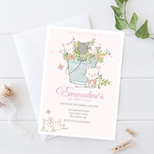May include: Pink and white invitation with a cartoon illustration of four kittens in a bucket of flowers. The text reads "Join us to celebrate Emmaline's 1st Birthday!"  Saturday, September 22nd 2PM, The Griffin Home, 1234 Daisy Lane, Pea Ridge, AR, RSVP Julia 1234567890.